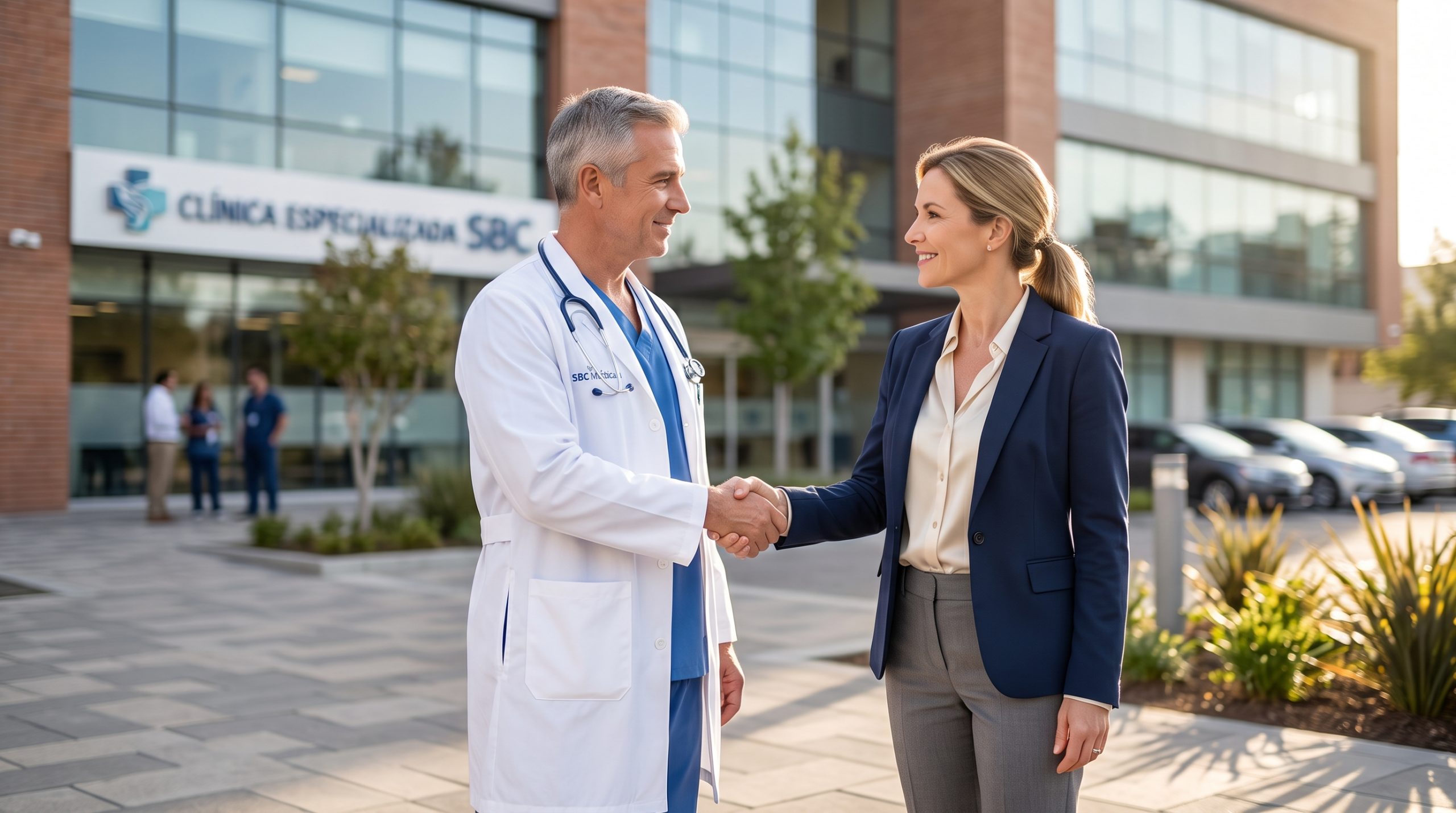 un doctor y una mujer cerrando un negocio