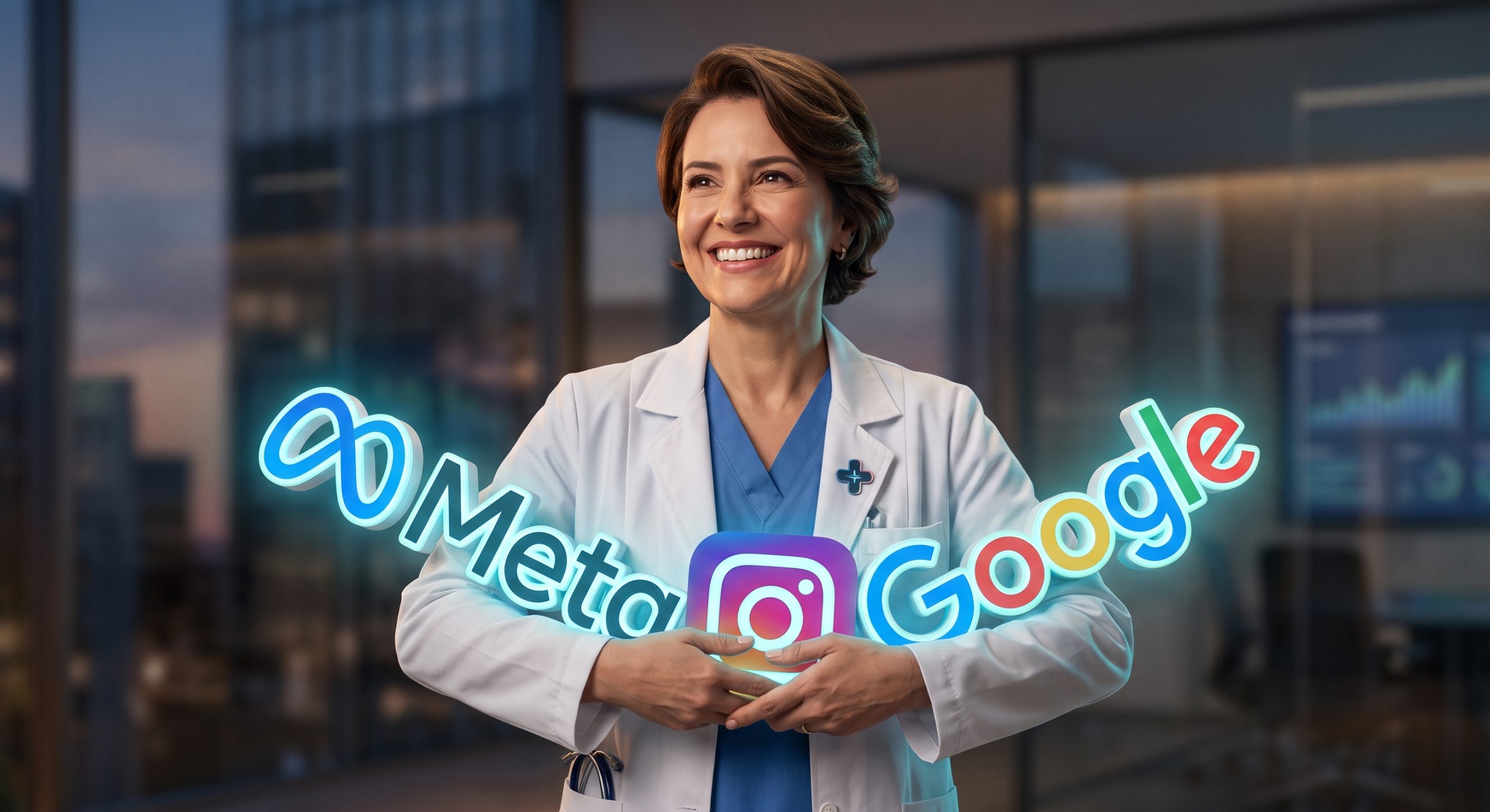 doctora abrazando logos de instagram, meta y google