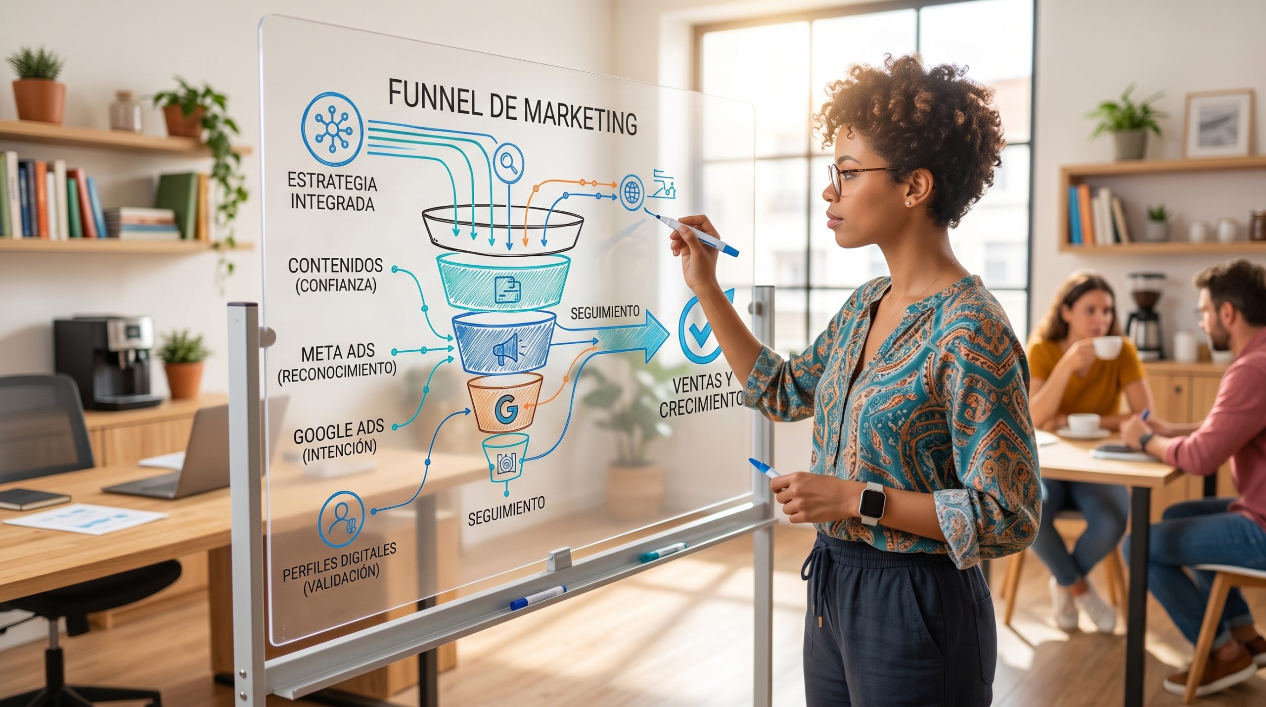 persona explicando un plan de marketing en pizarra